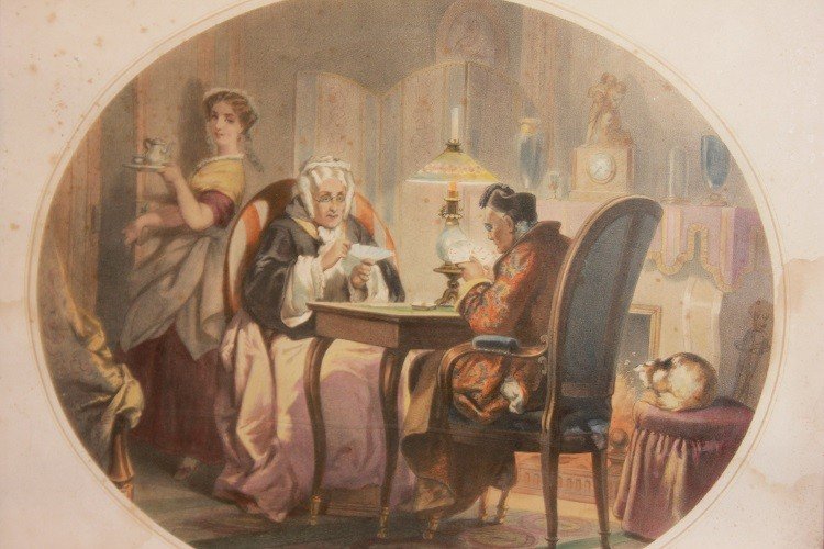 Stampa a colori francese del 1800 Scene di interno Personaggi che Giocano a Carte-photo-2