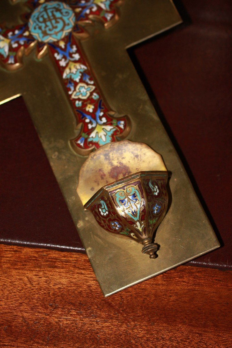 Crocifisso in metallo Cloisonne con acquasantiera 1900-photo-3