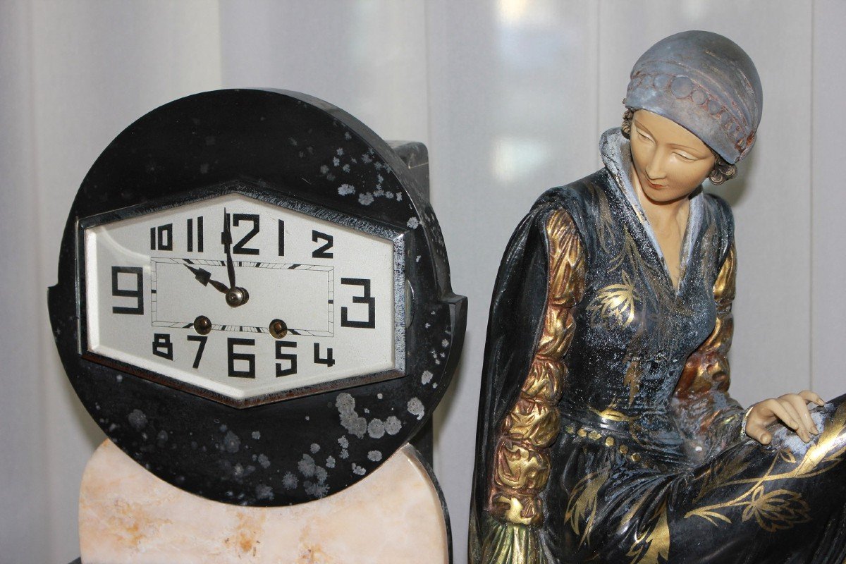 Orologio da tavolo Stile Art Decò con Dama e Base in Marmo-photo-2