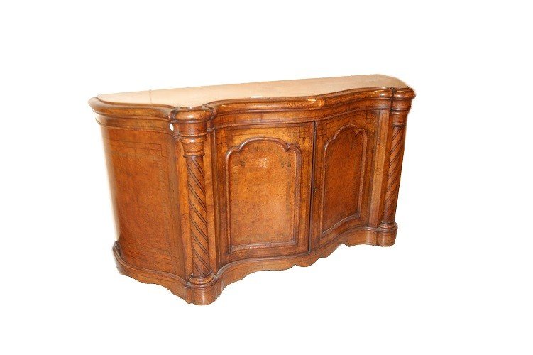 Bellissimo Servante Sideboard inglese di metà 1800, stile Vittoriano, in legno di olmo e radica