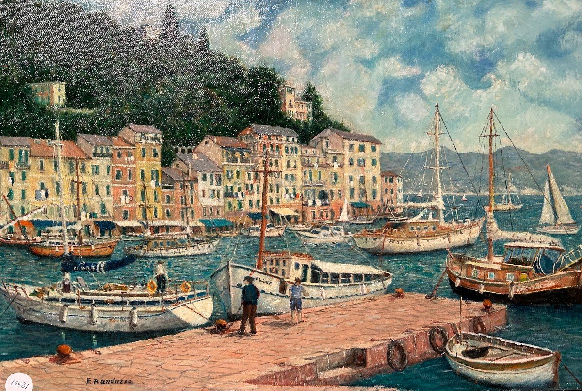 Olio su tela italiano del XX secolo firmato Franco Randazzo (XX) - Baia di Portofino-photo-2