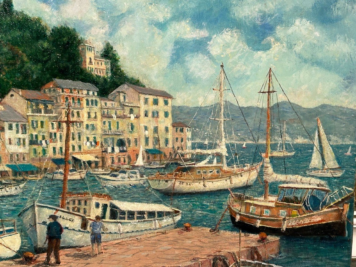 Olio su tela italiano del XX secolo firmato Franco Randazzo (XX) - Baia di Portofino-photo-4