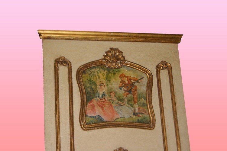 Bellissima caminiera francese con dipinto di fine 1800, stile Luigi XV, in legno laccato-photo-2