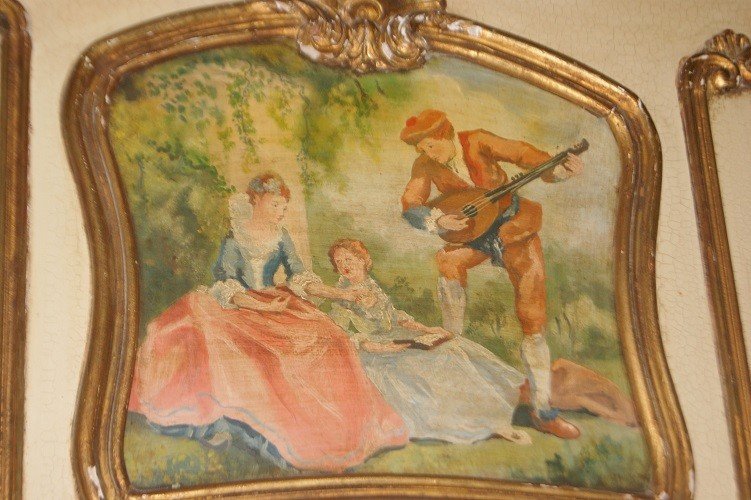 Bellissima caminiera francese con dipinto di fine 1800, stile Luigi XV, in legno laccato-photo-3