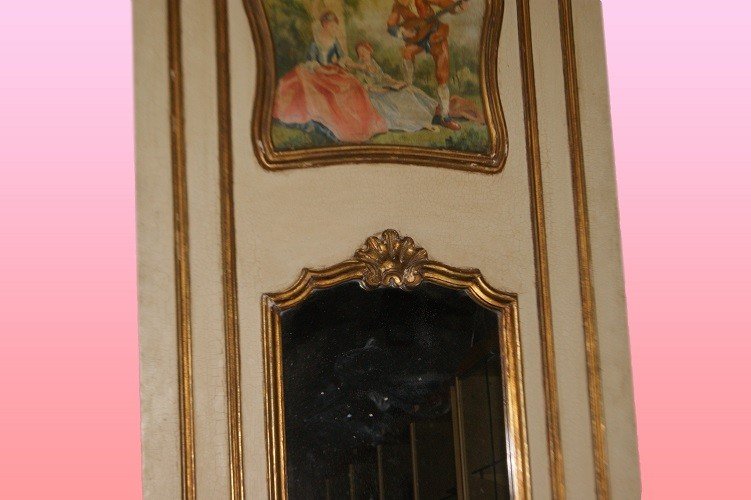 Bellissima caminiera francese con dipinto di fine 1800, stile Luigi XV, in legno laccato-photo-4