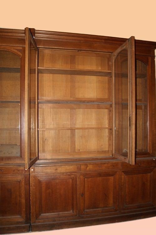 Grande libreria francese, due corpi, della seconda metà del 1800 in legno di rovere-photo-3