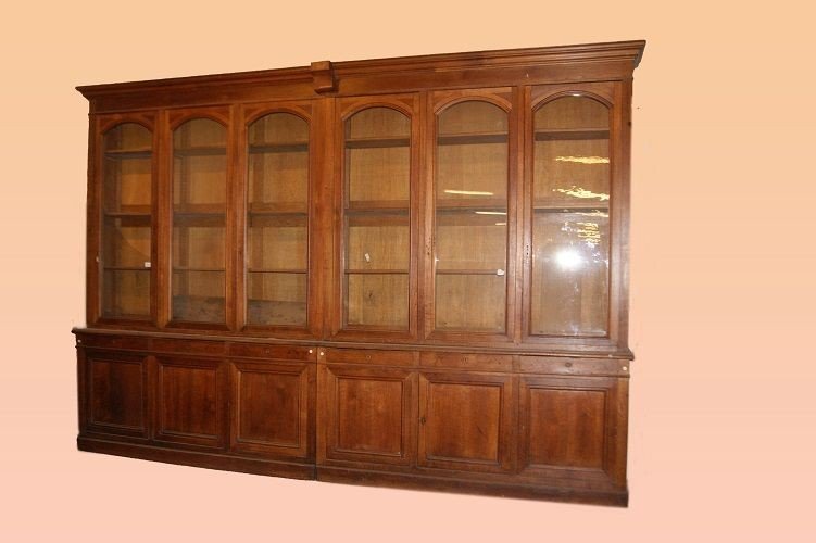 Grande libreria francese, due corpi, della seconda metà del 1800 in legno di rovere