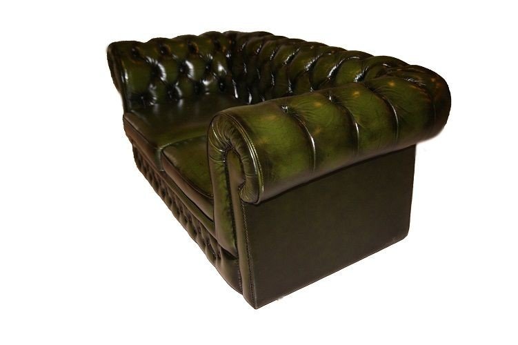 Divano Chesterfield antico del 1950 2 posti in pelle verde-photo-3