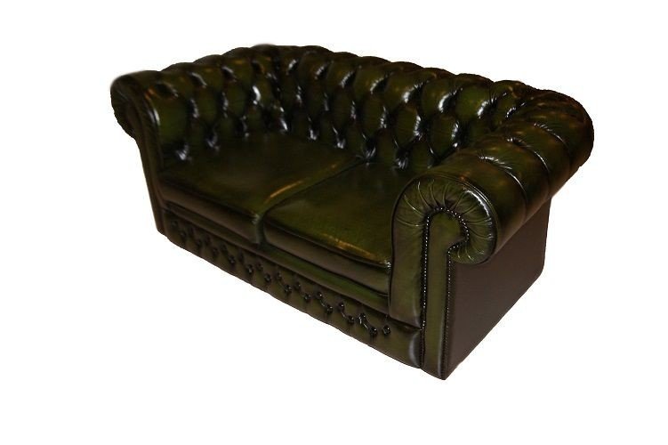 Divano Chesterfield antico del 1950 2 posti in pelle verde