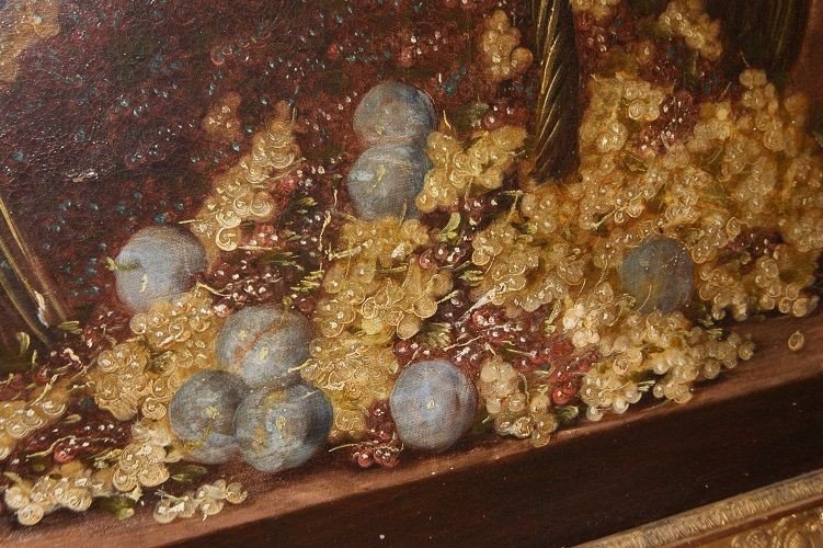 Bellissimo olio su tela Natura Morta francese di metà 1800 raffigurante cesto rovesciato di uva-photo-4