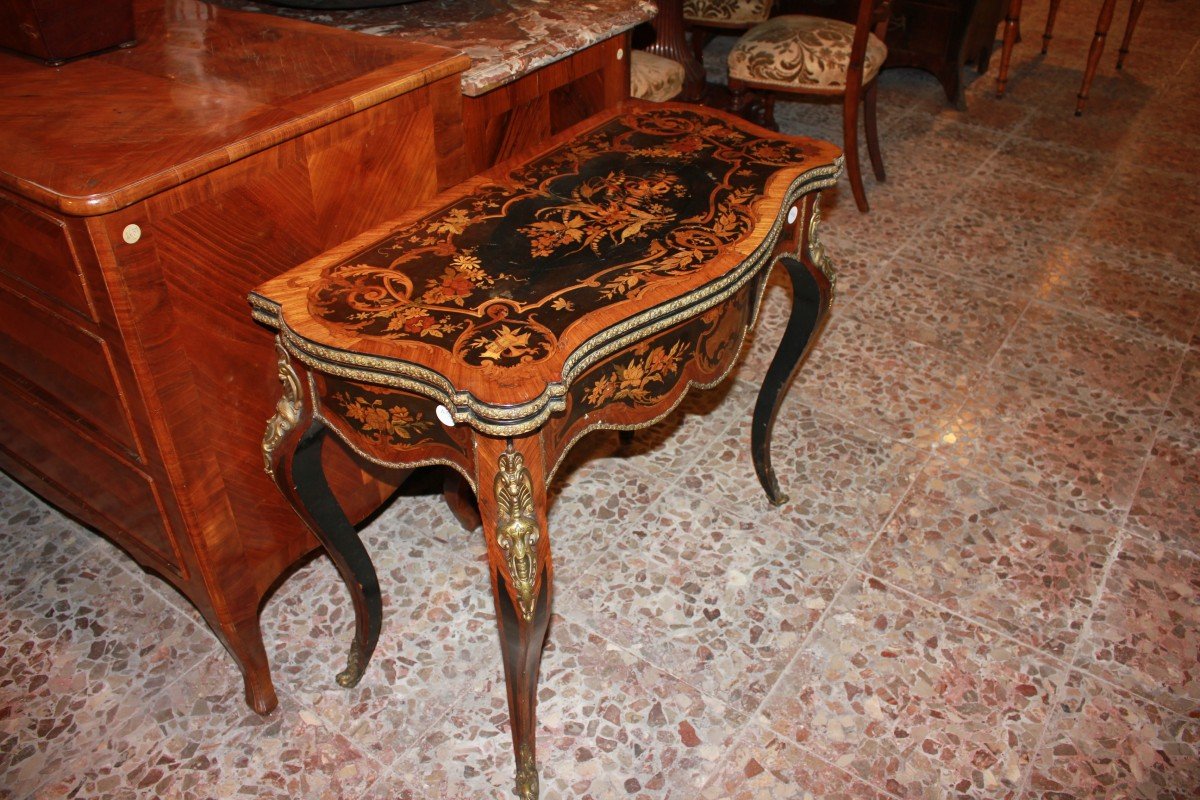 Tavolino da Gioco Francese Stile Luigi XV Riccamente Intarsiato del 1800-photo-1