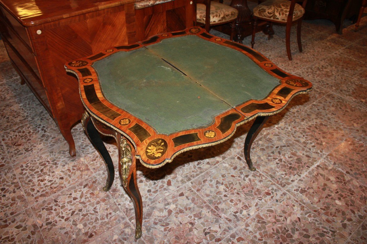 Tavolino da Gioco Francese Stile Luigi XV Riccamente Intarsiato del 1800-photo-4