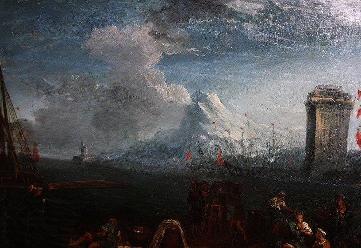 Olio su tavola fiammingo van der Cabel della seconda metà del 1600 raffigurante veduta marina d-photo-3