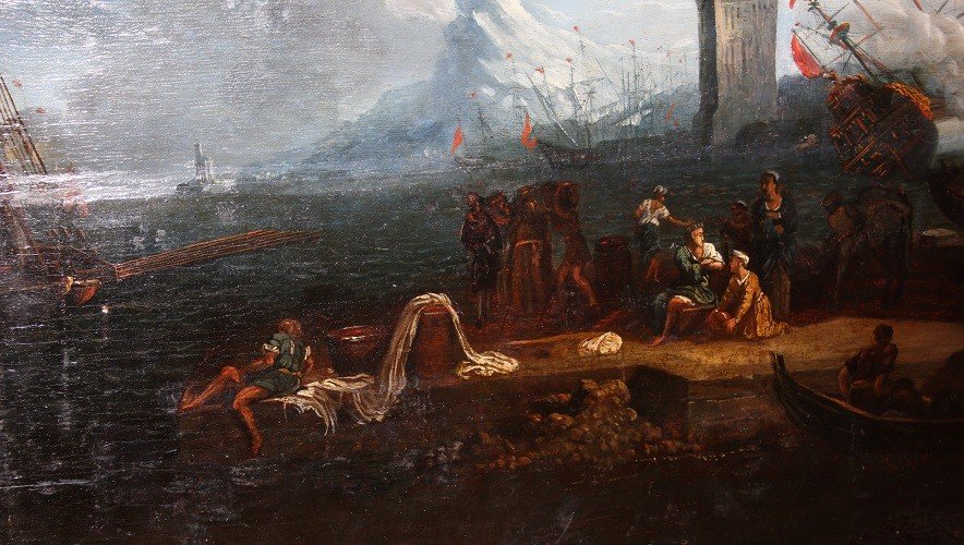 Olio su tavola fiammingo van der Cabel della seconda metà del 1600 raffigurante veduta marina d-photo-1