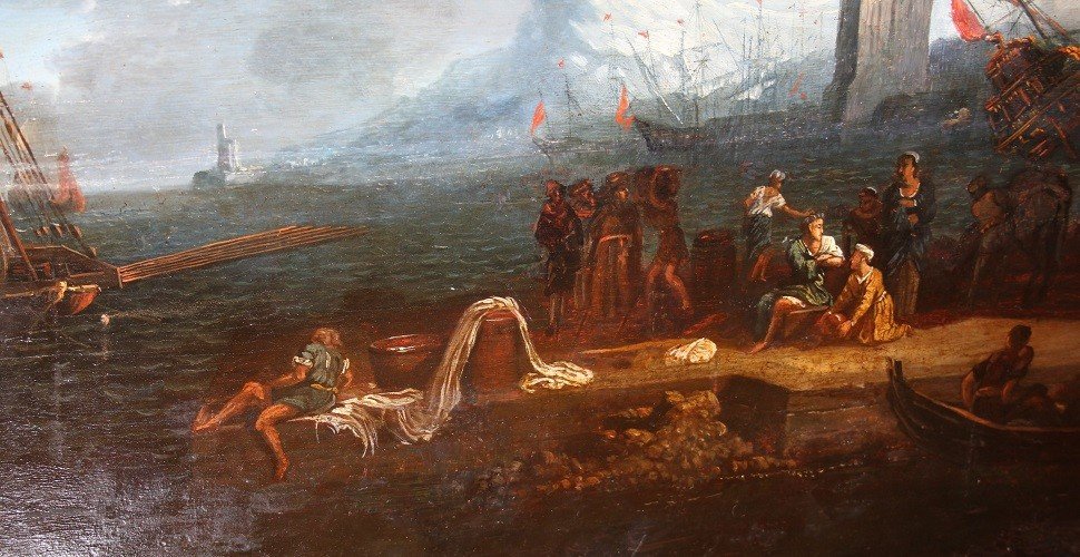 Olio su tavola fiammingo van der Cabel della seconda metà del 1600 raffigurante veduta marina d-photo-2