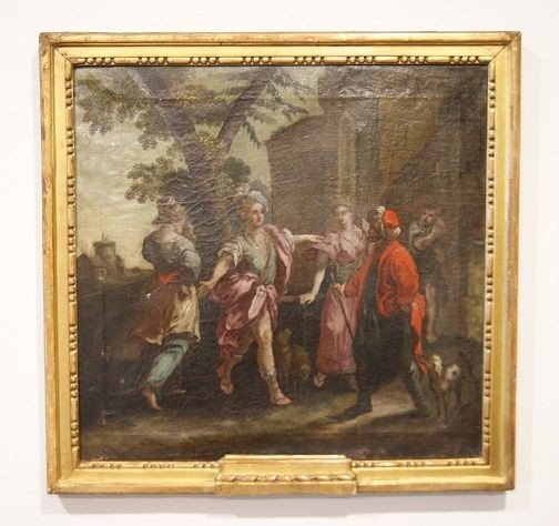 Olio su tela italiano del 1700 in prima tela. Raffigurata scena con 5 personaggi, all'aperto, d