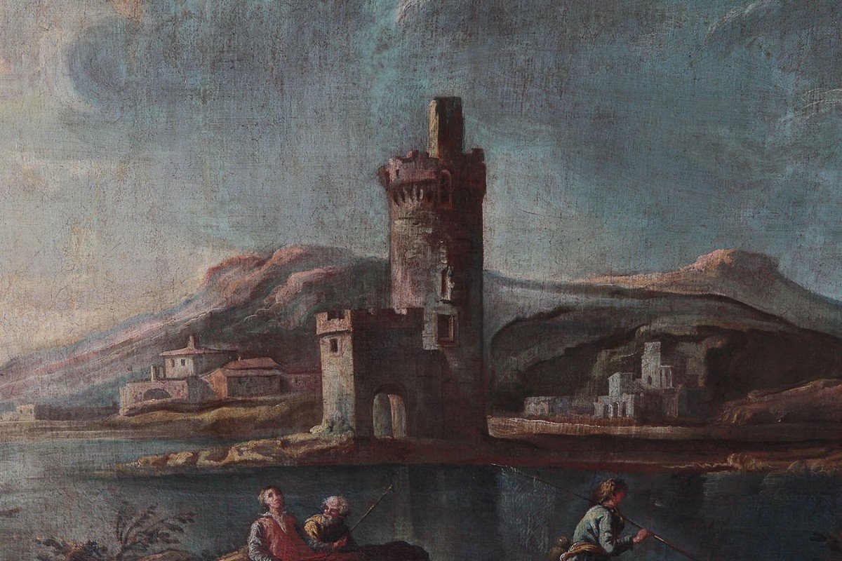 Olio su tela italiano di metà 1700 raffigurante veduta di paesaggio marino Ligure, con cornice -photo-2