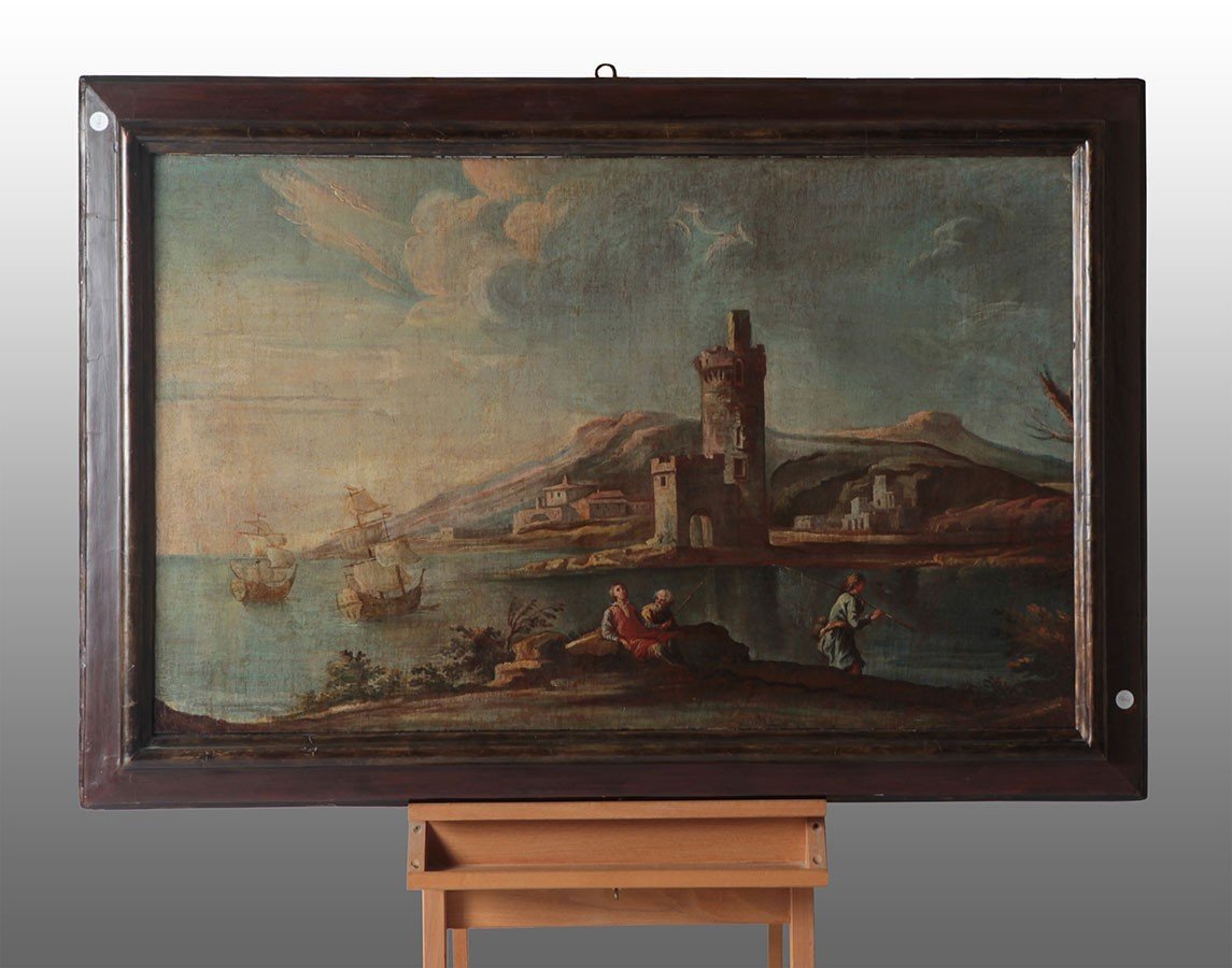 Olio su tela italiano di metà 1700 raffigurante veduta di paesaggio marino Ligure, con cornice 