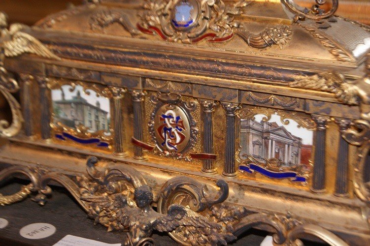 Bellissima scatola porta gioie / documenti inglese del 1800 in argento rivestito d'oro vermeil -photo-4