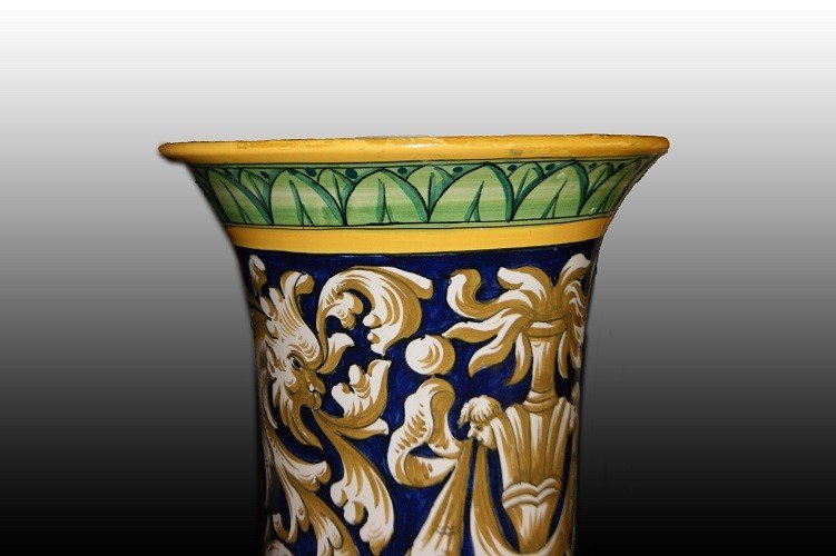 Coppia di stupendi vasi italiani di inizio 1900 in stile Neorinascimento in maiolica riccamente-photo-3