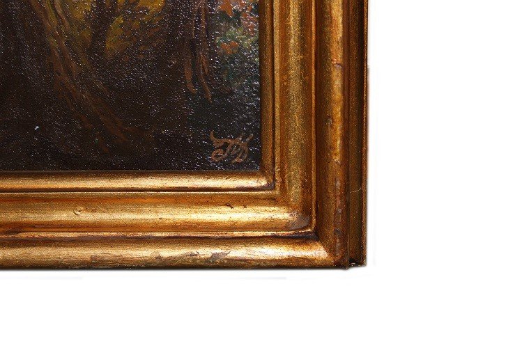 Olio su tela italiano della prima metà del 1800 raffigurante bosco con veduta marina-photo-1