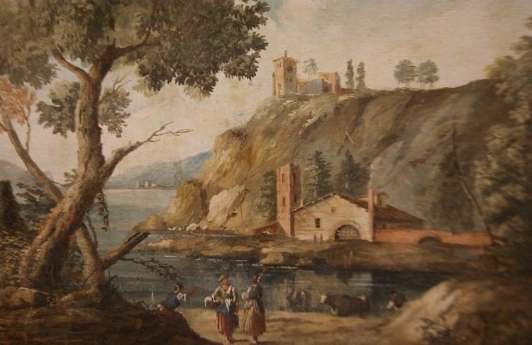 Succo d'erba inglese di metà 1800 raffigurante paesaggio costiero con abitazioni e personaggi. -photo-2