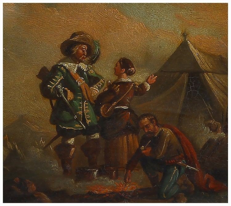 Olio su metallo, rame, inglese della prima metà del 1800 raffigurante scena di accampamento-photo-2