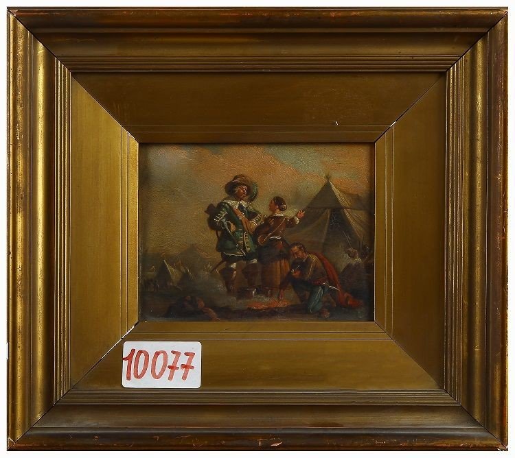 Olio su metallo, rame, inglese della prima metà del 1800 raffigurante scena di accampamento