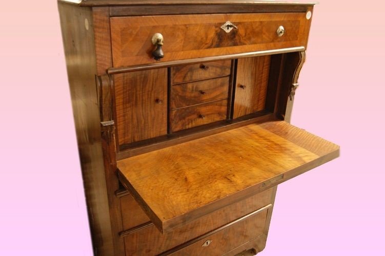 Secretaire Nord Europa, di metà 1800, stile Biedermeier, in legno di noce fiammato-photo-3