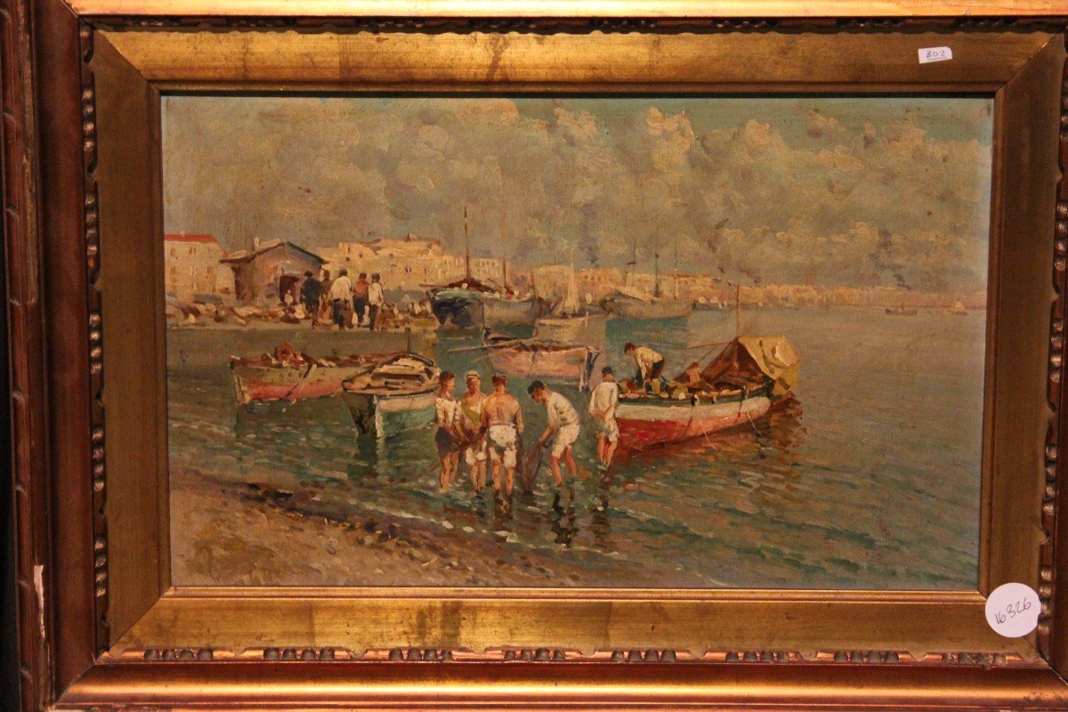 Olio su tavola italiano di fine 1800 raffigurante Porto con Barche e Pescatori-photo-2