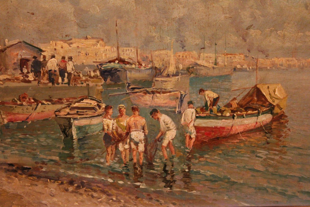 Olio su tavola italiano di fine 1800 raffigurante Porto con Barche e Pescatori-photo-4