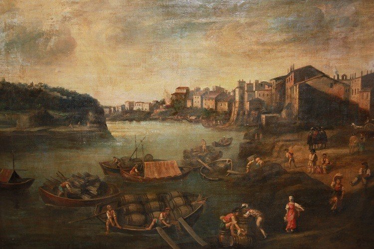 Grande olio su tela italiano della seconda metà del 1700 raffigurante Lavoranti al Porto-photo-2