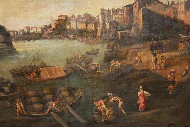 Grande olio su tela italiano della seconda metà del 1700 raffigurante Lavoranti al Porto-photo-3