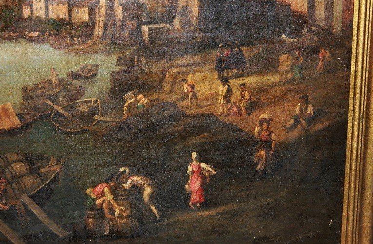 Grande olio su tela italiano della seconda metà del 1700 raffigurante Lavoranti al Porto-photo-4