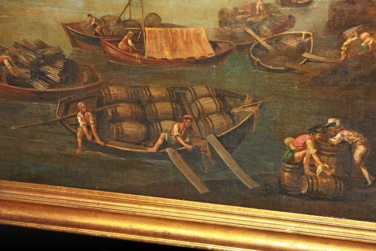 Grande olio su tela italiano della seconda metà del 1700 raffigurante Lavoranti al Porto-photo-1