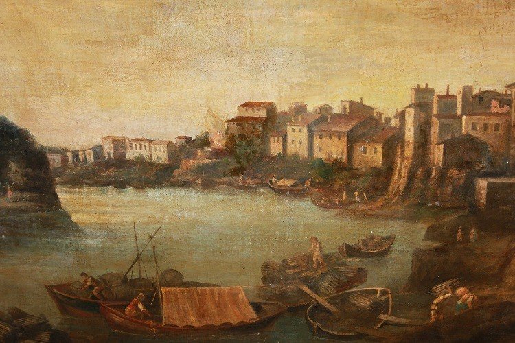 Grande olio su tela italiano della seconda metà del 1700 raffigurante Lavoranti al Porto-photo-2