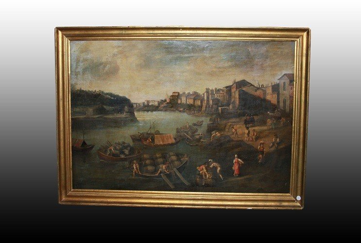 Grande olio su tela italiano della seconda metà del 1700 raffigurante Lavoranti al Porto