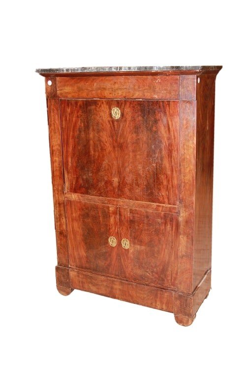 Secretaire francese di metà 1800, stile Impero, in legno di mogano e piuma di mogano-photo-2