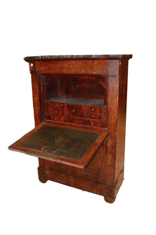 Secretaire francese di metà 1800, stile Impero, in legno di mogano e piuma di mogano-photo-3