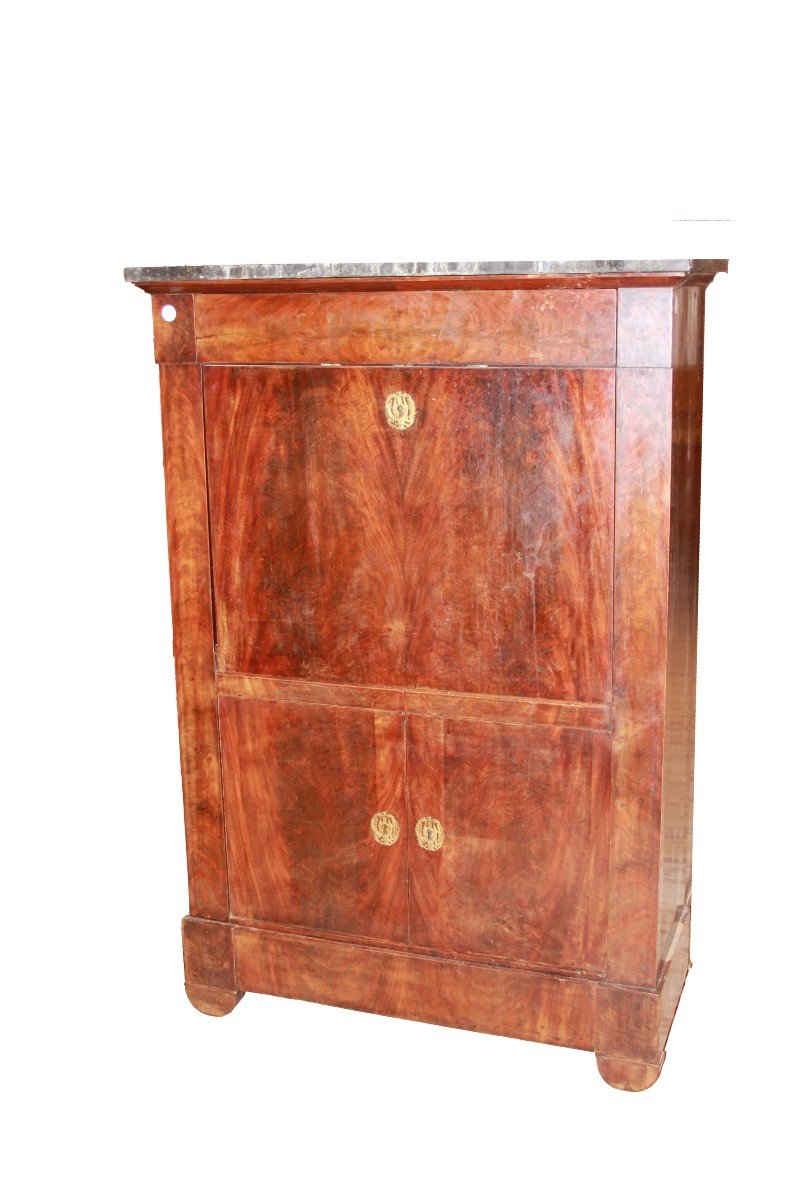 Secretaire francese di metà 1800, stile Impero, in legno di mogano e piuma di mogano