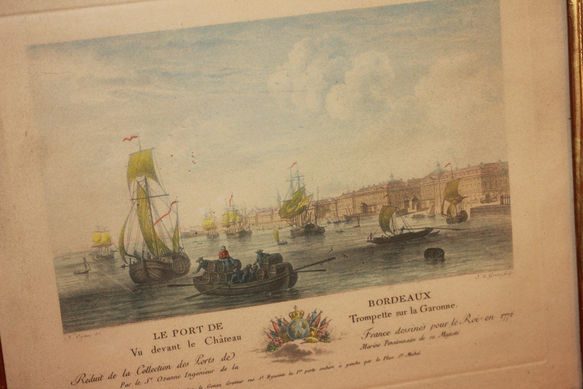 Set di 5 stampe francesi del XIX secolo – Scene di porto con vedute cittadine e imbarcazioni-photo-2