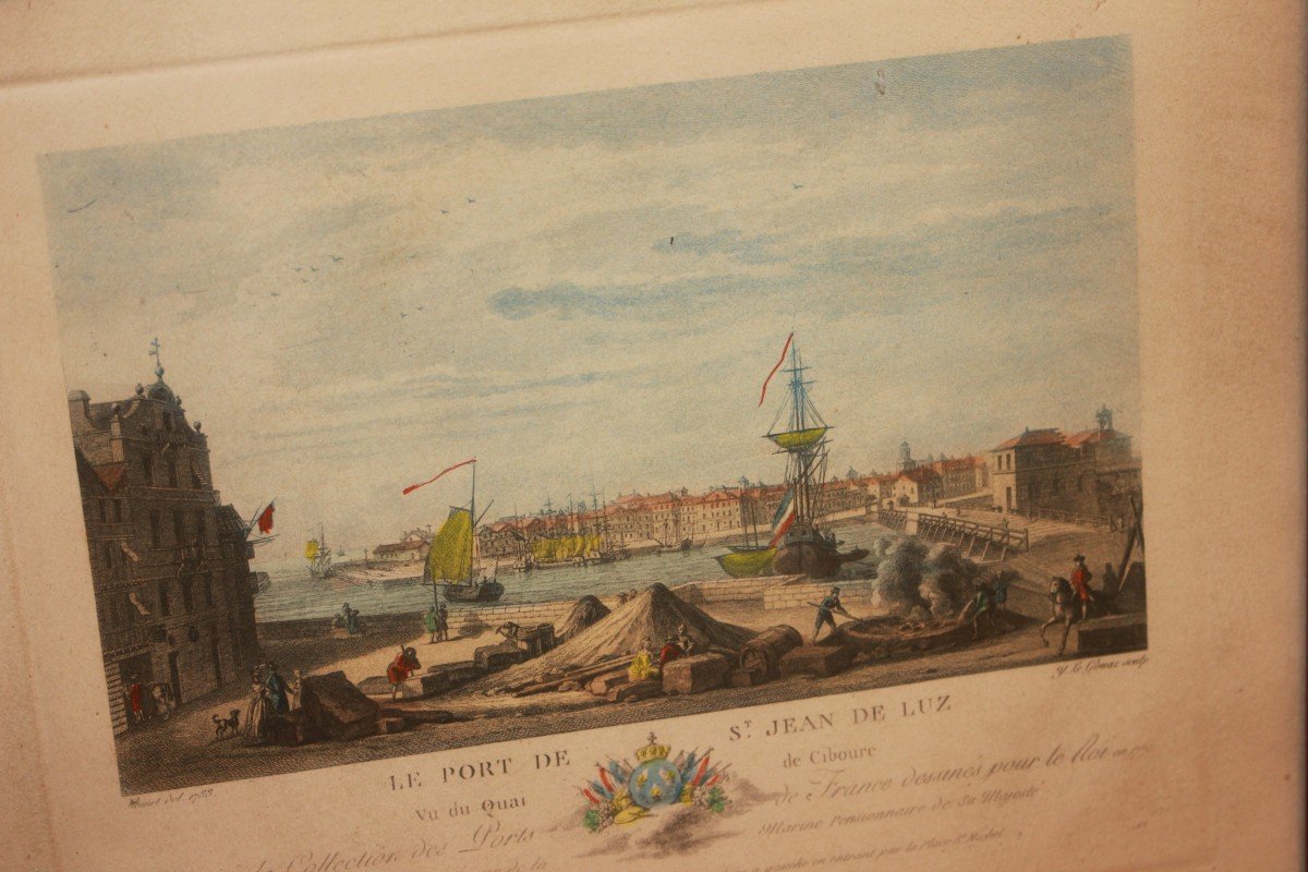 Set di 5 stampe francesi del XIX secolo – Scene di porto con vedute cittadine e imbarcazioni-photo-4