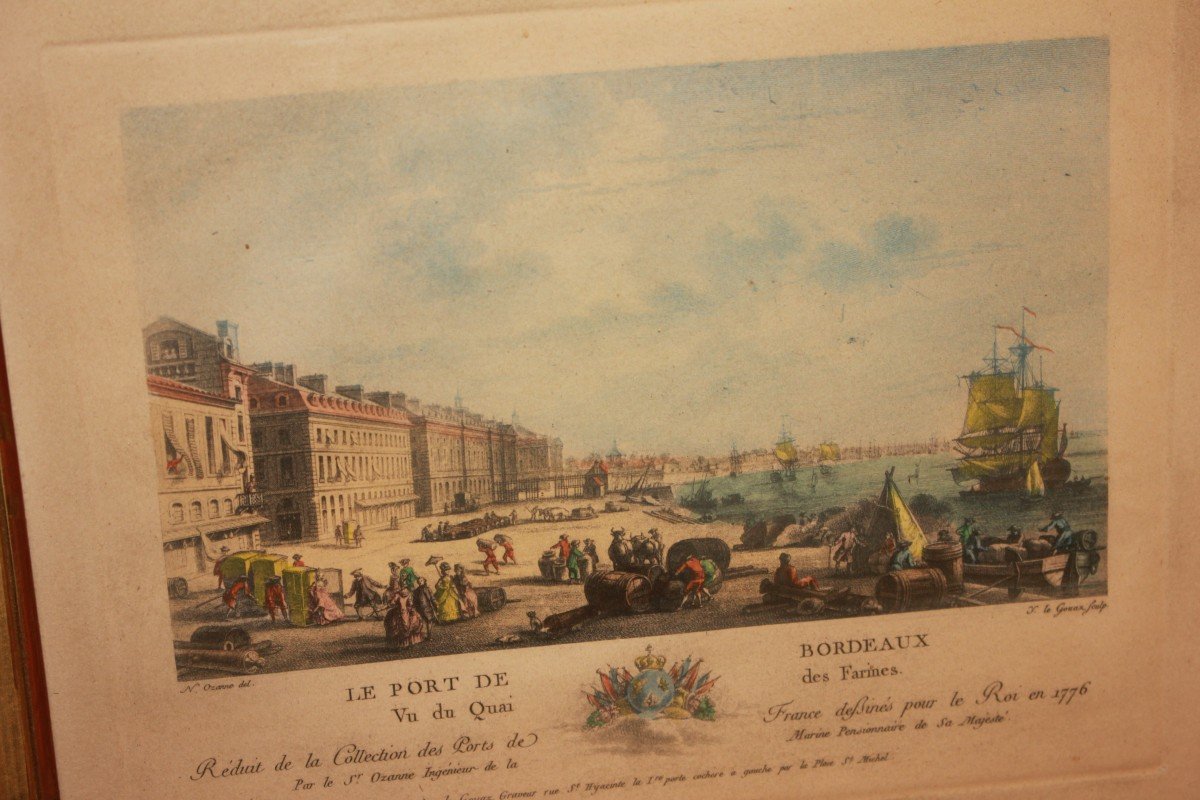 Set di 5 stampe francesi del XIX secolo – Scene di porto con vedute cittadine e imbarcazioni-photo-6