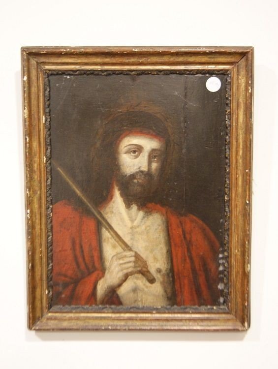 Olio su tavola francese della seconda metà del 1600 raffigurante "Cristo", cornice antica