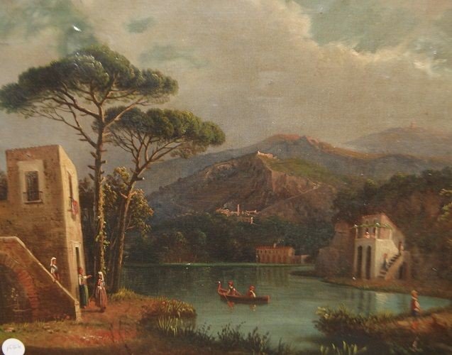 Olio su tela inglese di fine 1800 raffigurante Paesaggio campestre con fiume e montagne-photo-2