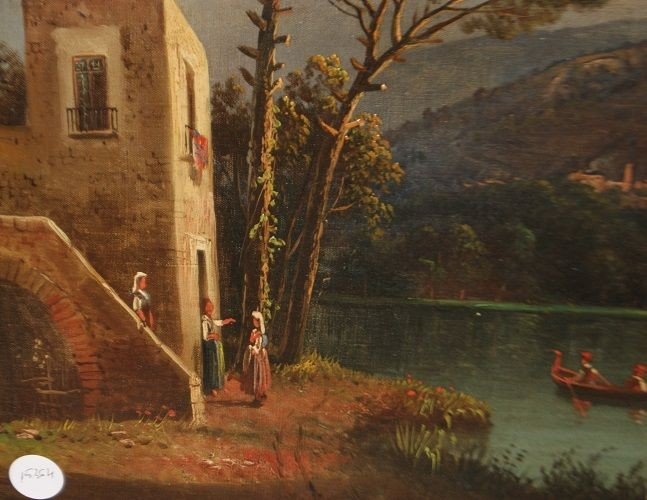 Olio su tela inglese di fine 1800 raffigurante Paesaggio campestre con fiume e montagne-photo-3