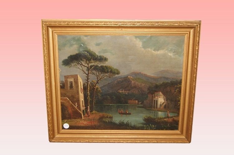 Olio su tela inglese di fine 1800 raffigurante Paesaggio campestre con fiume e montagne