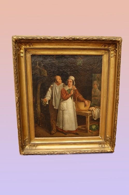 Olio su tela francese della seconda metà del 1800 raffigurante una Scena di interni