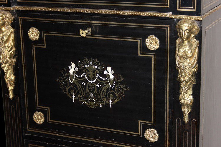 Secretaire francese di metà 1800, stile Boulle, in legno ebanizzato -photo-3