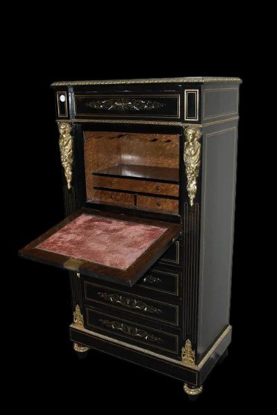 Secretaire francese di metà 1800, stile Boulle, in legno ebanizzato -photo-7